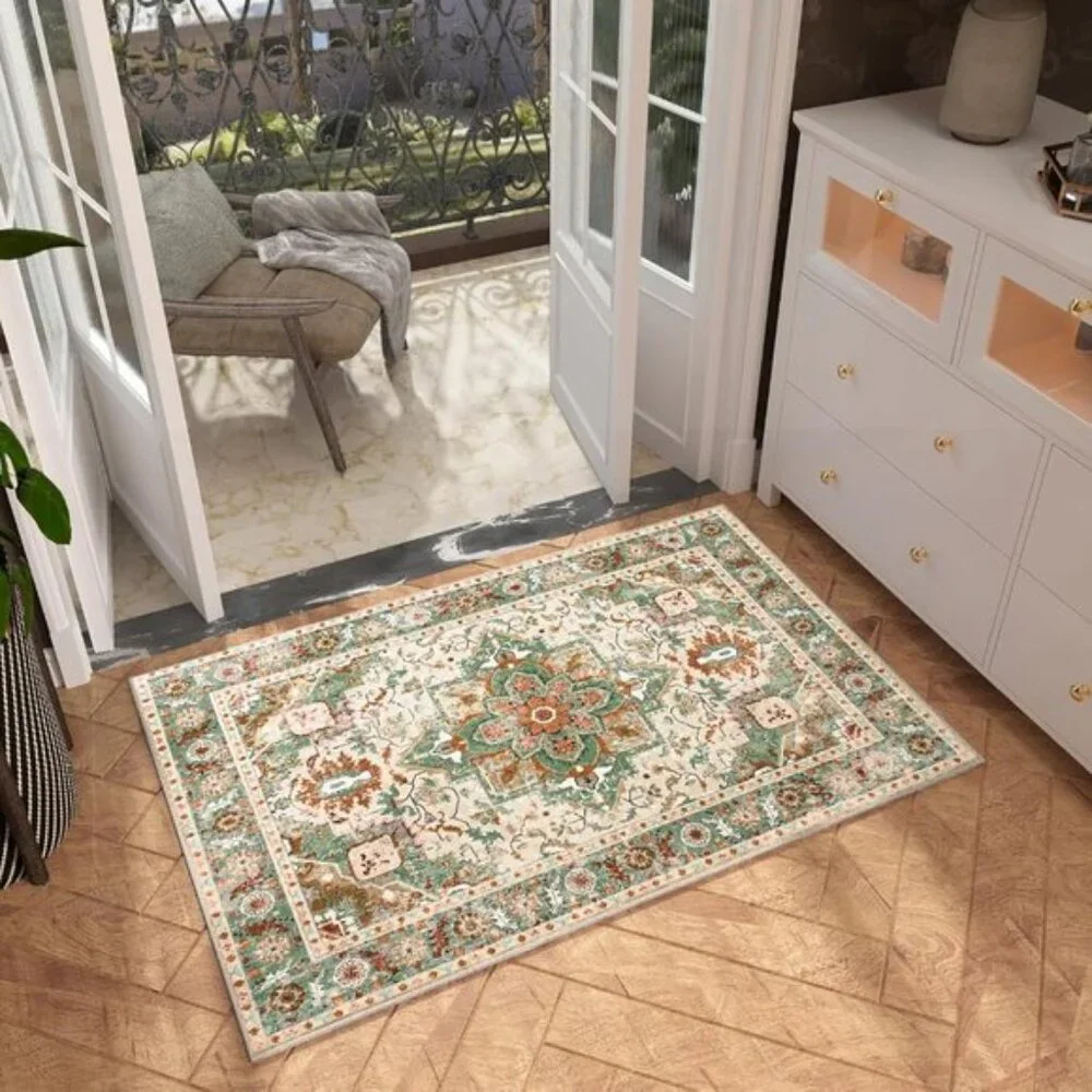 2x3 Vintage Entryway Rug, Washable Non-Slip Small Area Rug for Room, Cream/Green